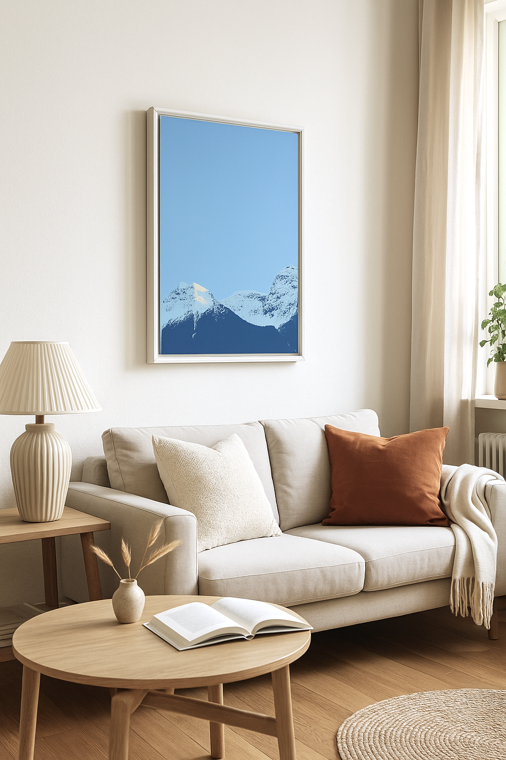 Grafisch reduziertes Alpenmotiv mit klarer Geometrie und satten Farbfeldern – modernes Wandbild für designbewusste Räume.