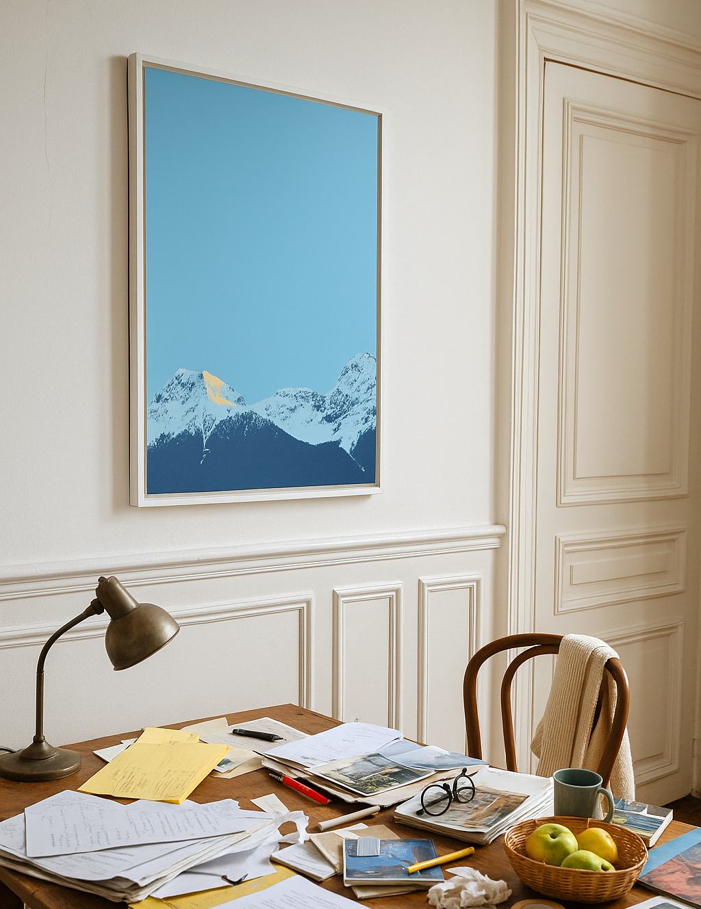 Grafisches Wandbild inspiriert von Schweizer Alpen – stilvolles Statement für moderne Interieurs